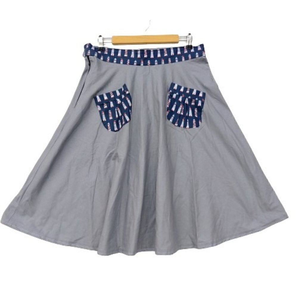 Nautical Print Skirt Size M Gray Lighthouse Novelty Vintage Retro Pockets Womens